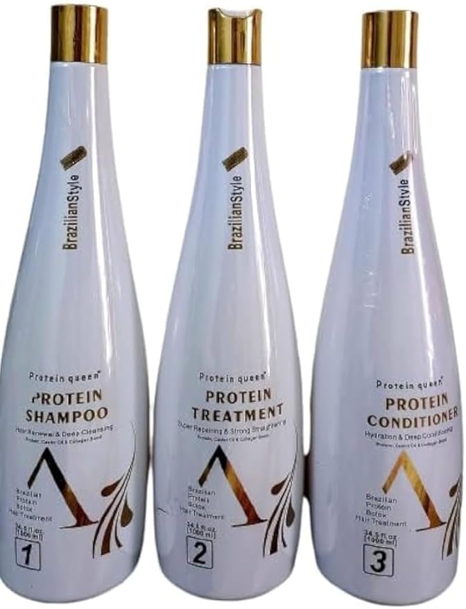 Protein queen Protein Treatment Set Brazilian Style With Castor Oil and Collagen Hair Boast. Three pieces 1000ml each White. (3 PCS Complete) - Image 1